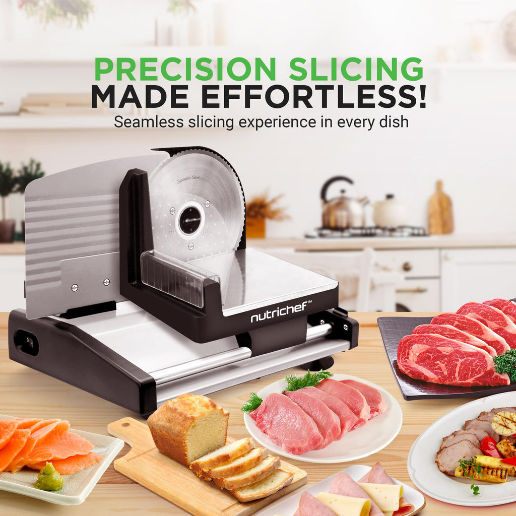 Nutrichef Electric Meat Slicer | 200W Automatic Meat, Deli & Bread Slicer | Adjustable Dial for 0-15mm Cutting Range Thickness | Removable 7.5 IN