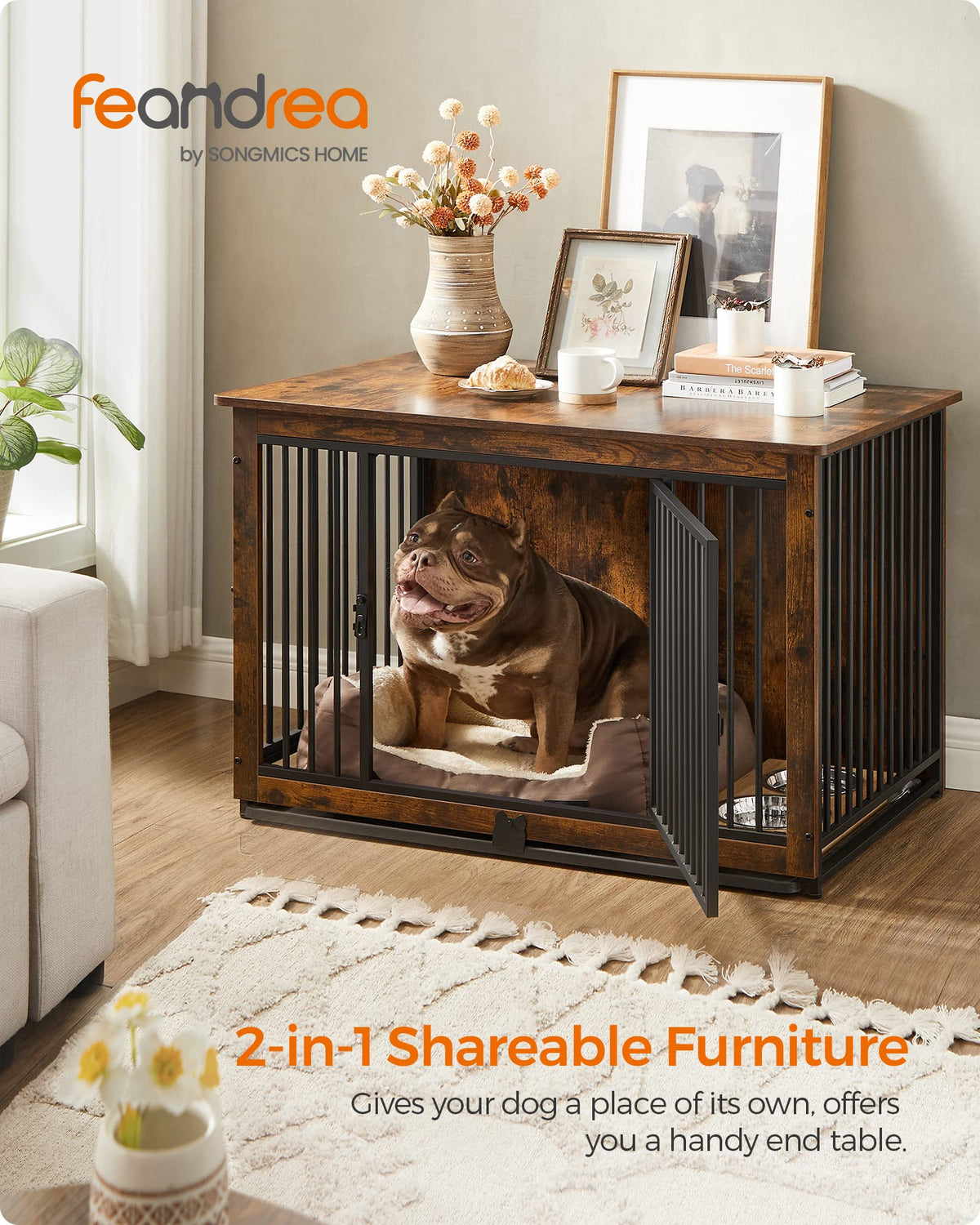 Feandrea 38" Dog Crate Furniture, Heavy-Duty Dog Kennel Side End Table