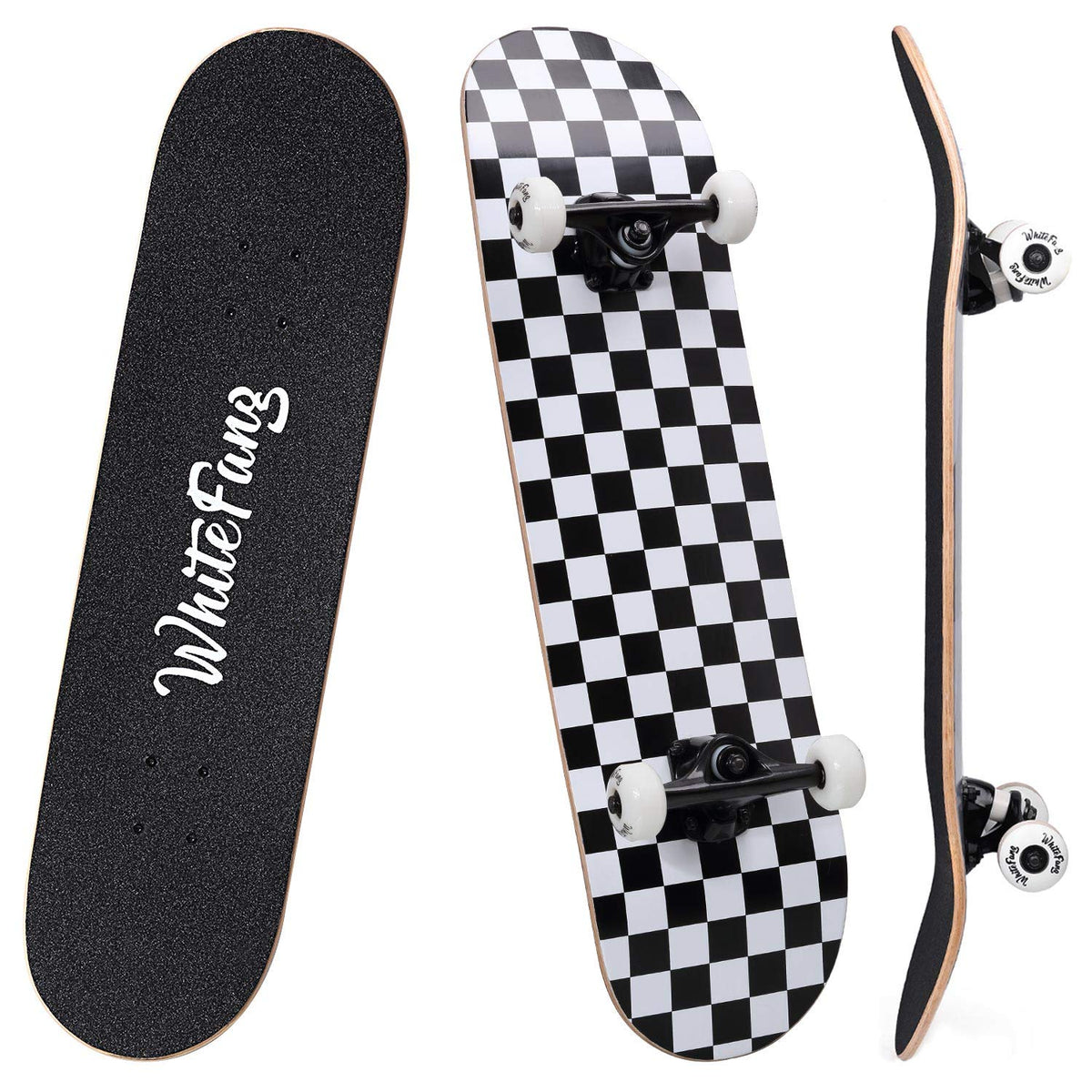 WhiteFang Skateboards for Beginners, Complete Skateboard 31 x 7.88, 7 Layer Canadian Maple Double Kick Concave Standard and Tricks Skateboards for