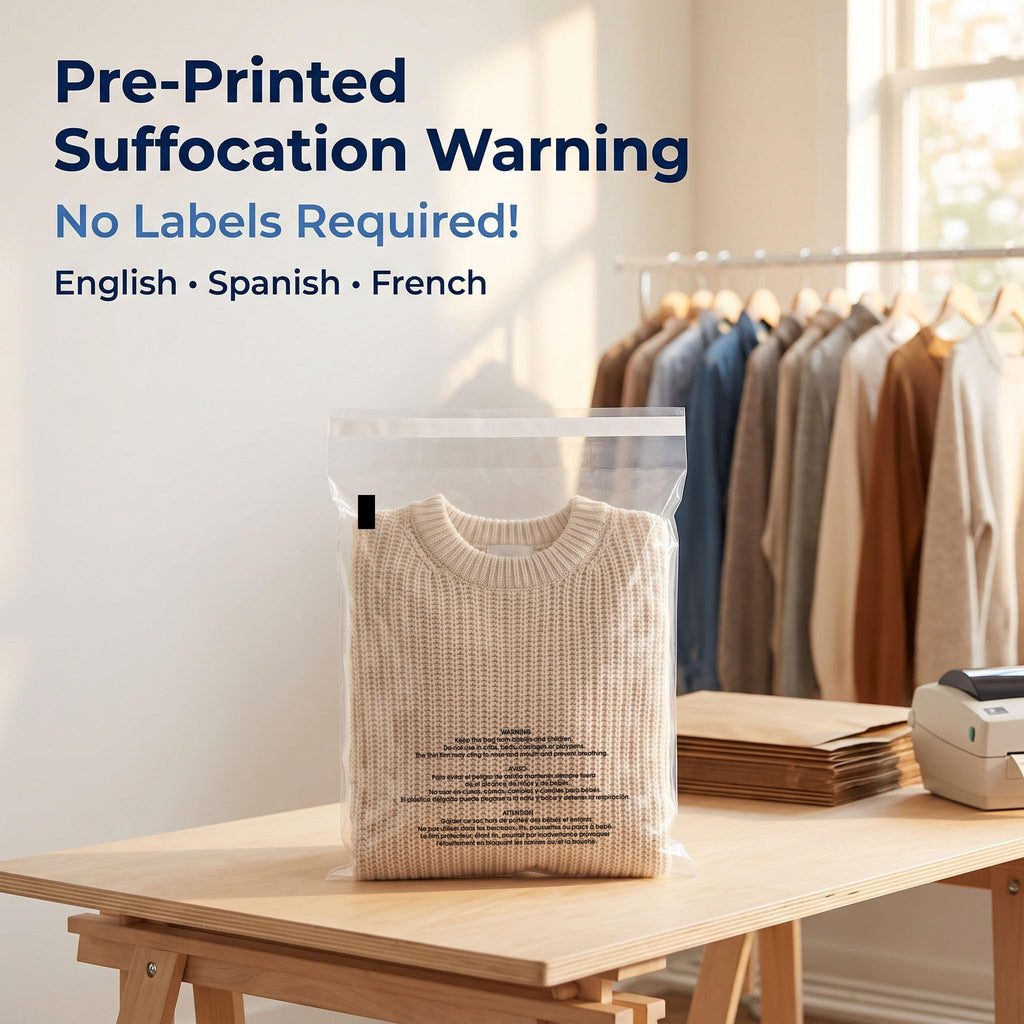 12" X 15" (500 Count) Self Seal Clear Poly Bags with Suffocation Warning