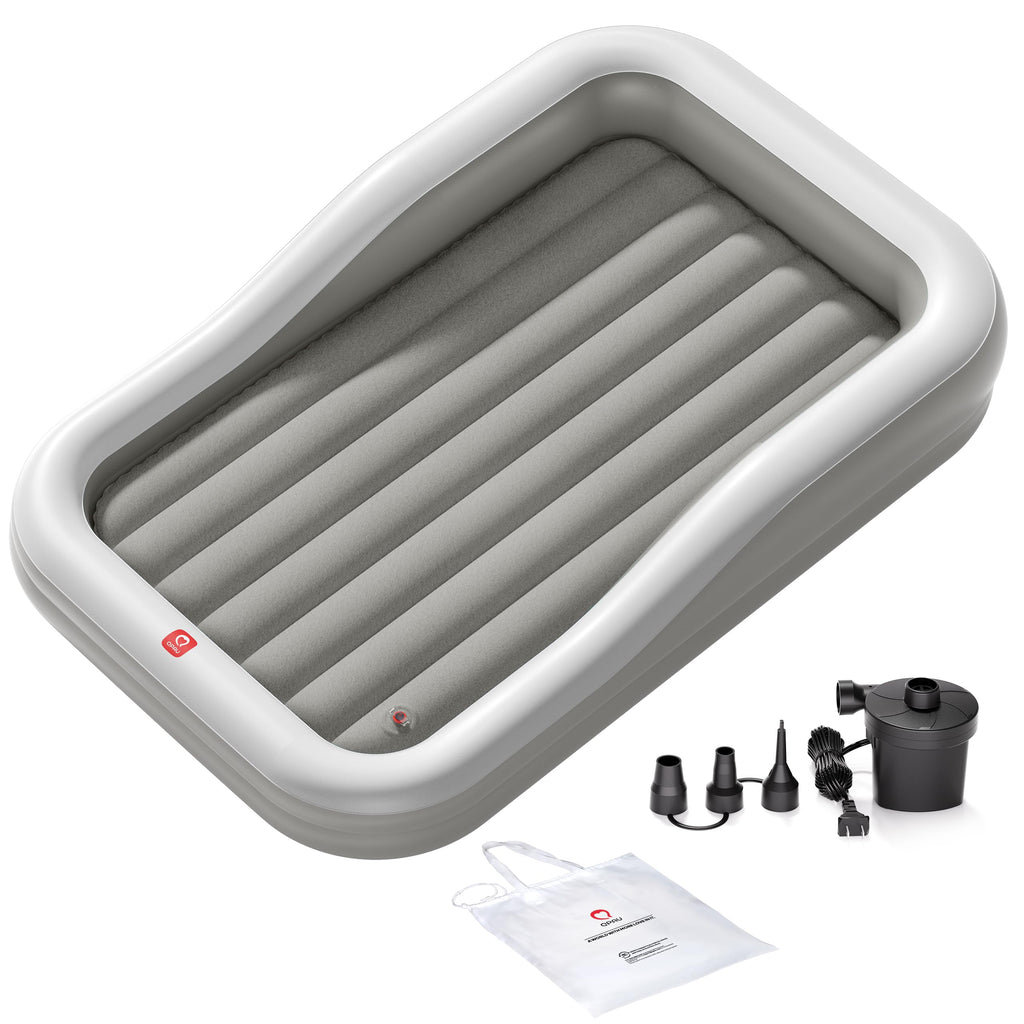 QPAU Inflatable Toddler Travel Bed with 3-Sided, Extra Large, Gray