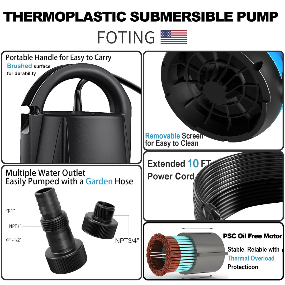 FOTING 1HP Sump Pump 4600GPH Clean/Dirty Submersible Water Pump