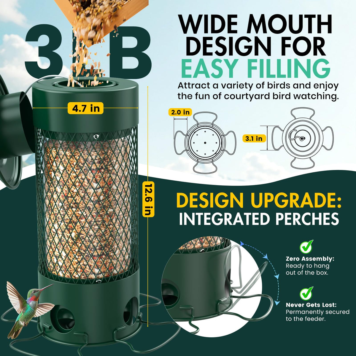 Metal Squirrel Proof Bird Feeder for Outdoors Hanging,Weight Activated,3 LB
