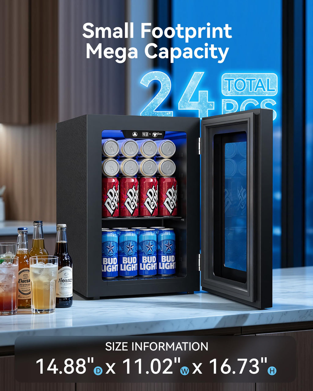 0.6 Cu.ft Beverage Cooler, Compressor Glass Door Mini Fridge 40-61°F Black