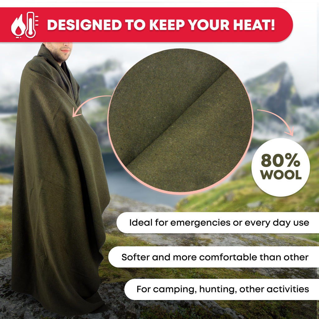 Ever Ready First Aid Olive Drab Green Warm Fire Retardant Blanket, 66" x 90" (80% Wool) – US Military Style, Heavy-Duty Survival & Emergency Blanket