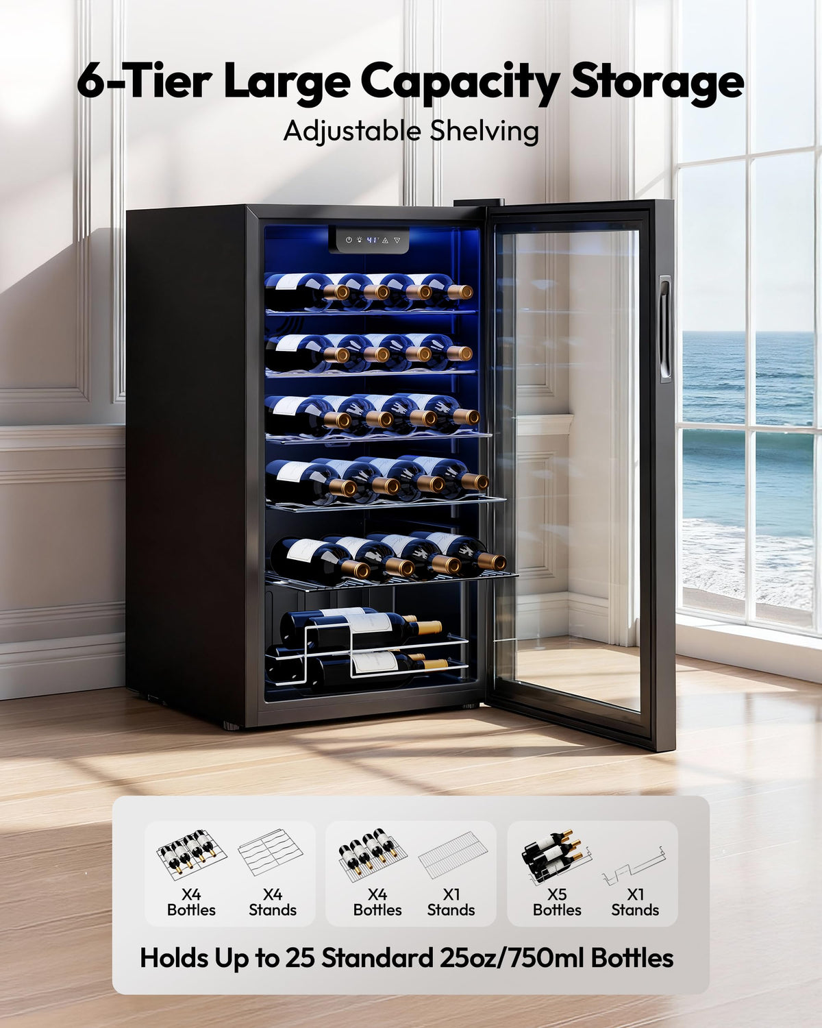 EUHOMY 25 bottle Wine Cooler Refrigerator, Wine Fridge Glass Door, Black