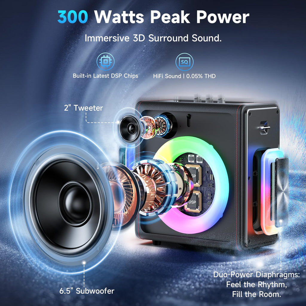 Karaoke Machine for Adults with 3 Wireless Microphones, 300W PA System