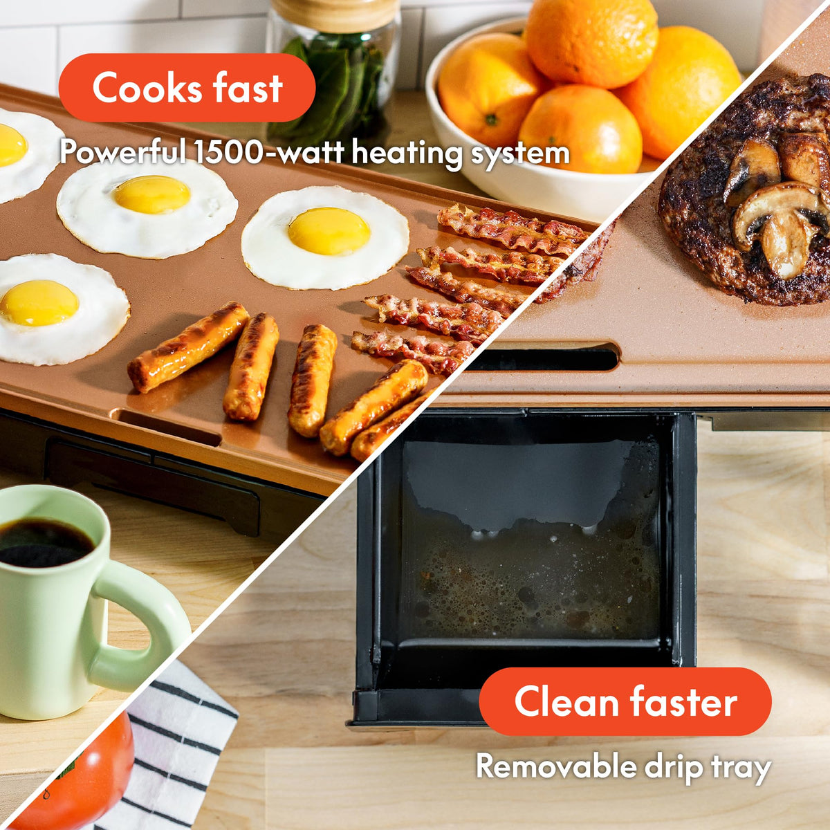 bella XL Electric Ceramic Titanium Griddle, Make 15 Eggs At Once, Healthy-Eco Non-stick Coating, Hassle-Free Clean Up, Large Submersible Cooking