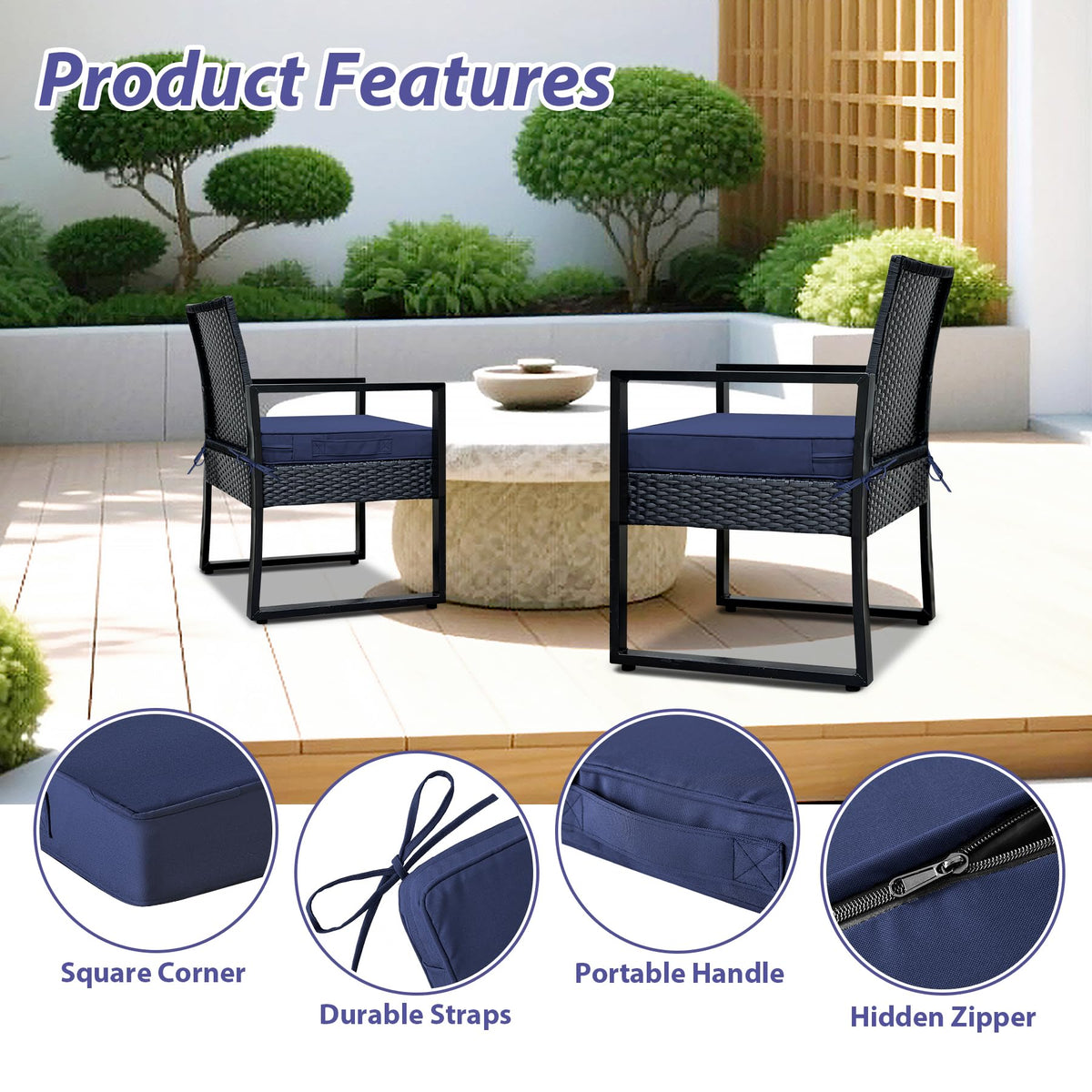 Outdoor Chair Cushions Set of 4 -Waterproof Outdoor Seat Cushions for Patio Furniture, Patio Chair Cushion with Handle and Ties, Square Out Door
