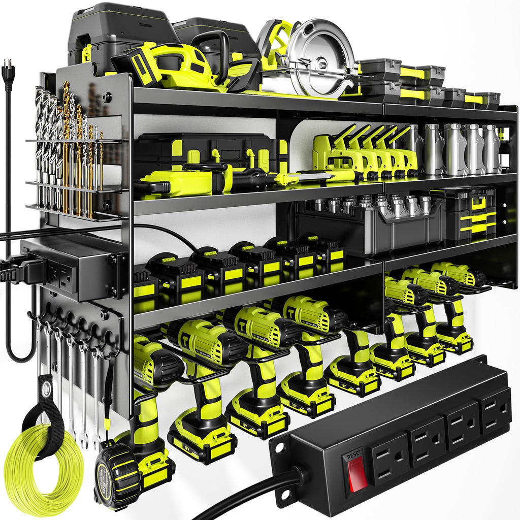 Large Power Tool Organizer Wall Mount with Charging Station,4 Layer Heavy Duty Metal Tool Storage Rack Loads 600lbs with 8 Cordless Drill Holder