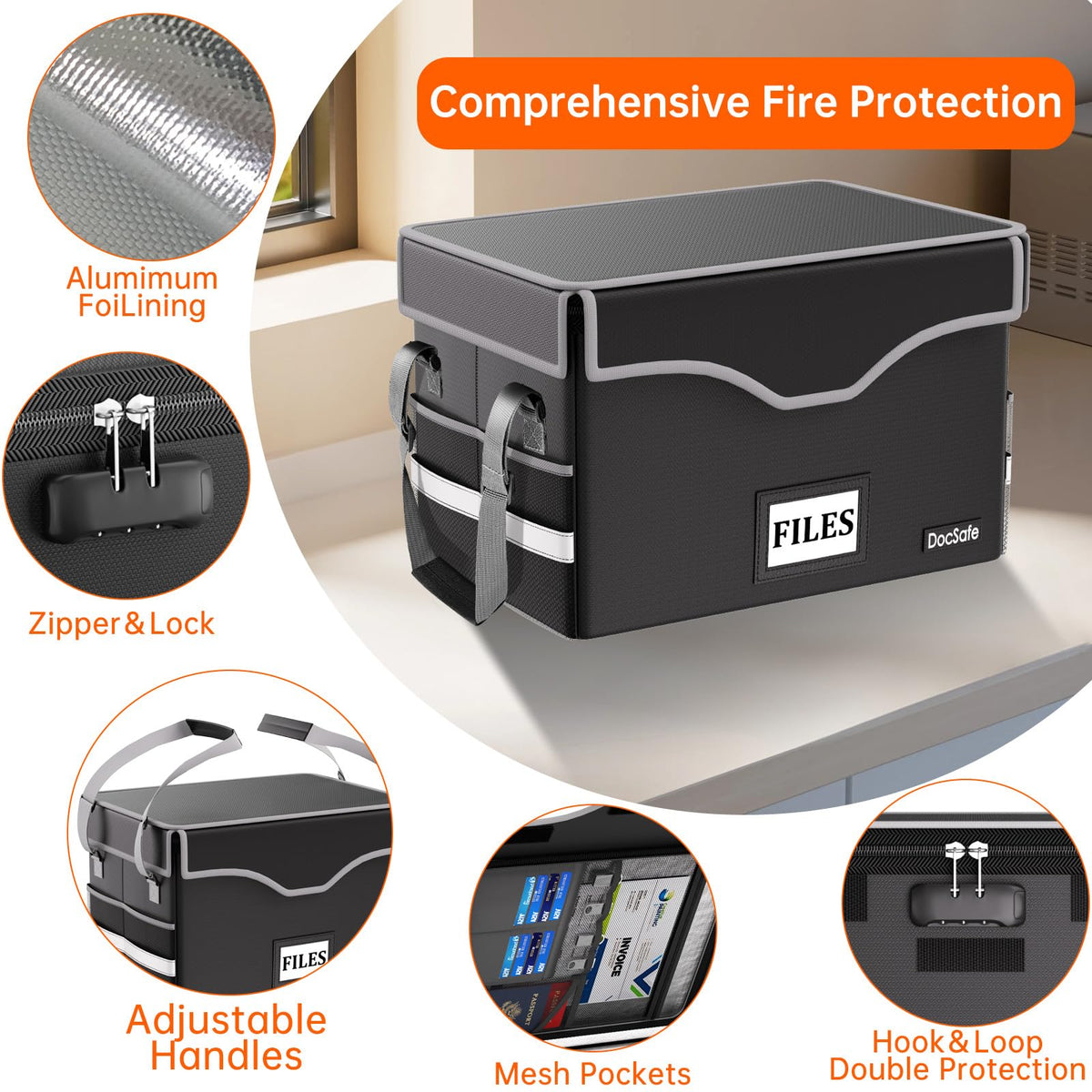 DocSafe 5200°F Fireproof Document Box with Lock,Heat Insulated File Organizer Storage with Pockets,Collapsible Portable Home Office File Safe Box