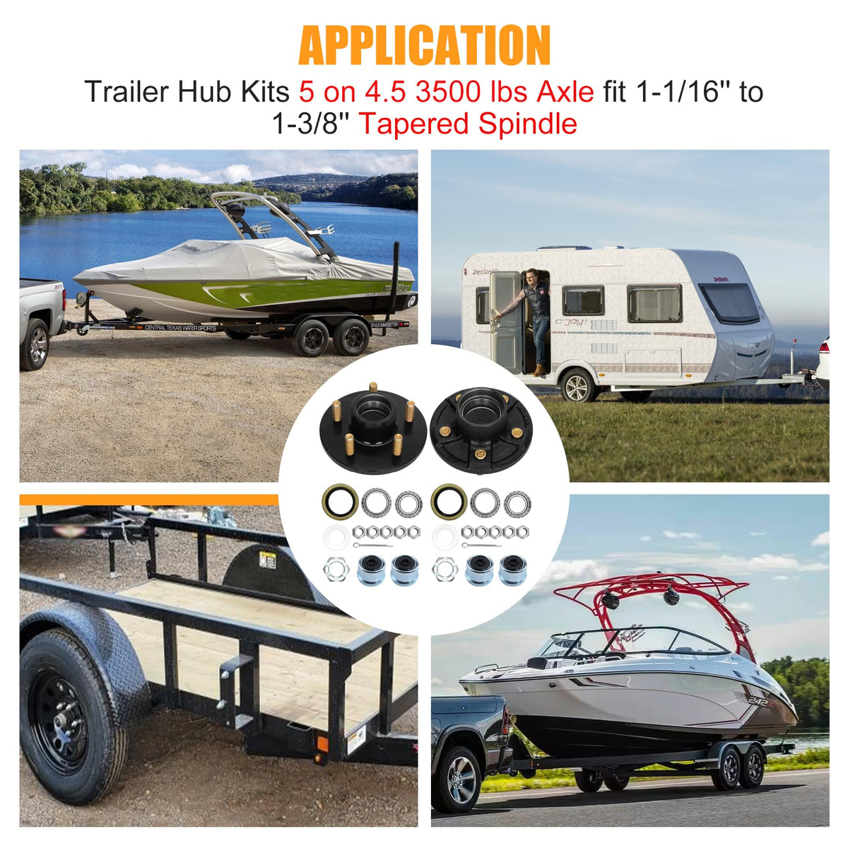 2 Sets 3500Lbs Axle Trailer Hub Kit 5 Bolt 4.5",5 Lug Trailer Hub Fit 1-1/16" to 1-3/8" Trailer Tapered Spindle,Boat Trailer Hubs 5 Lug,Trailer Wheel