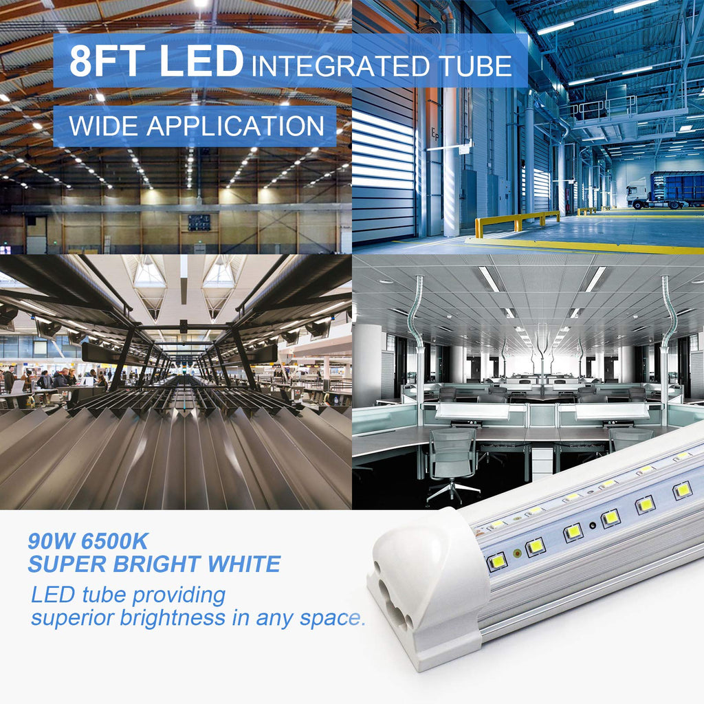10-Pack 8ft LED Shop Light Fixture - 90W T8 Integrated LED Tube Light - 6500K 12000LM V-Shape Linkable - High Output - Clear Cover - Plug and Play