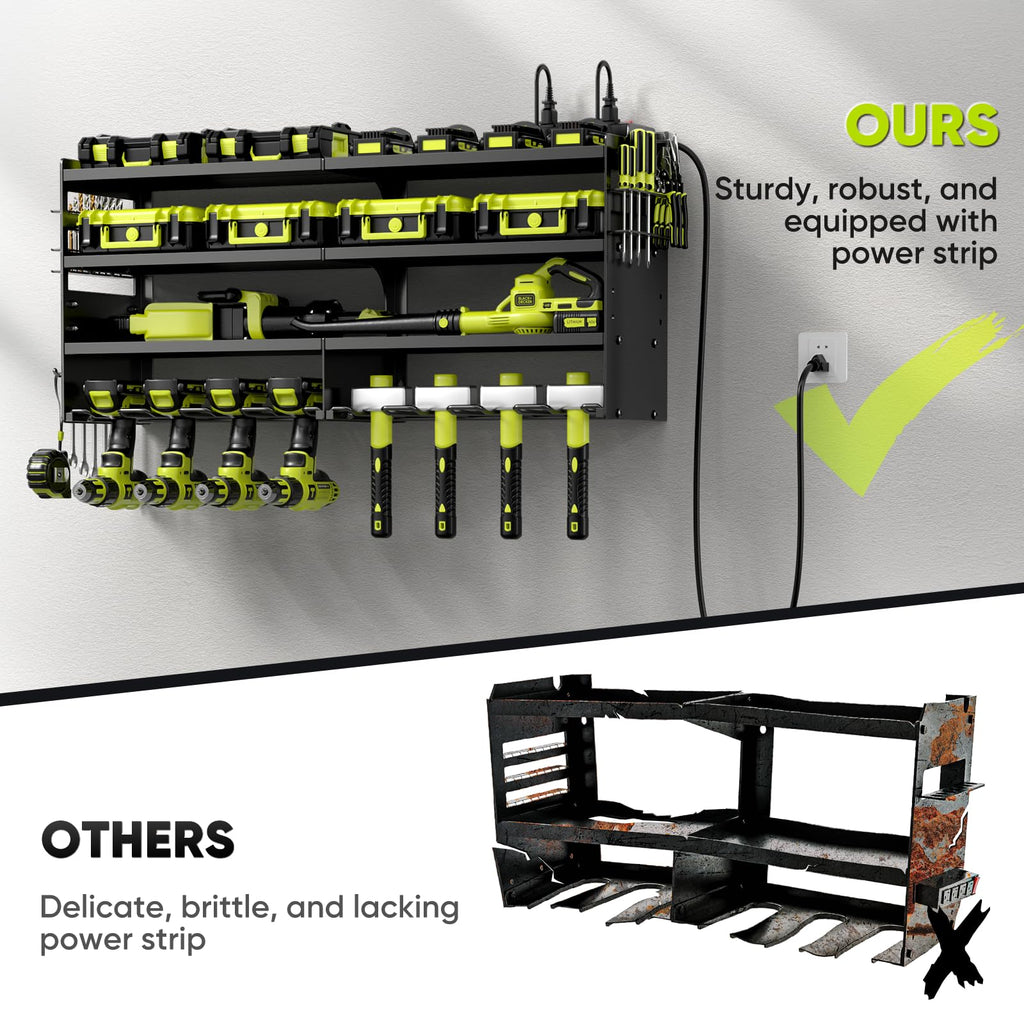 Large Power Tool Organizer Wall Mount with Charging Station,4 Layer Heavy Duty Metal Tool Storage Rack Loads 600lbs with 8 Cordless Drill Holder