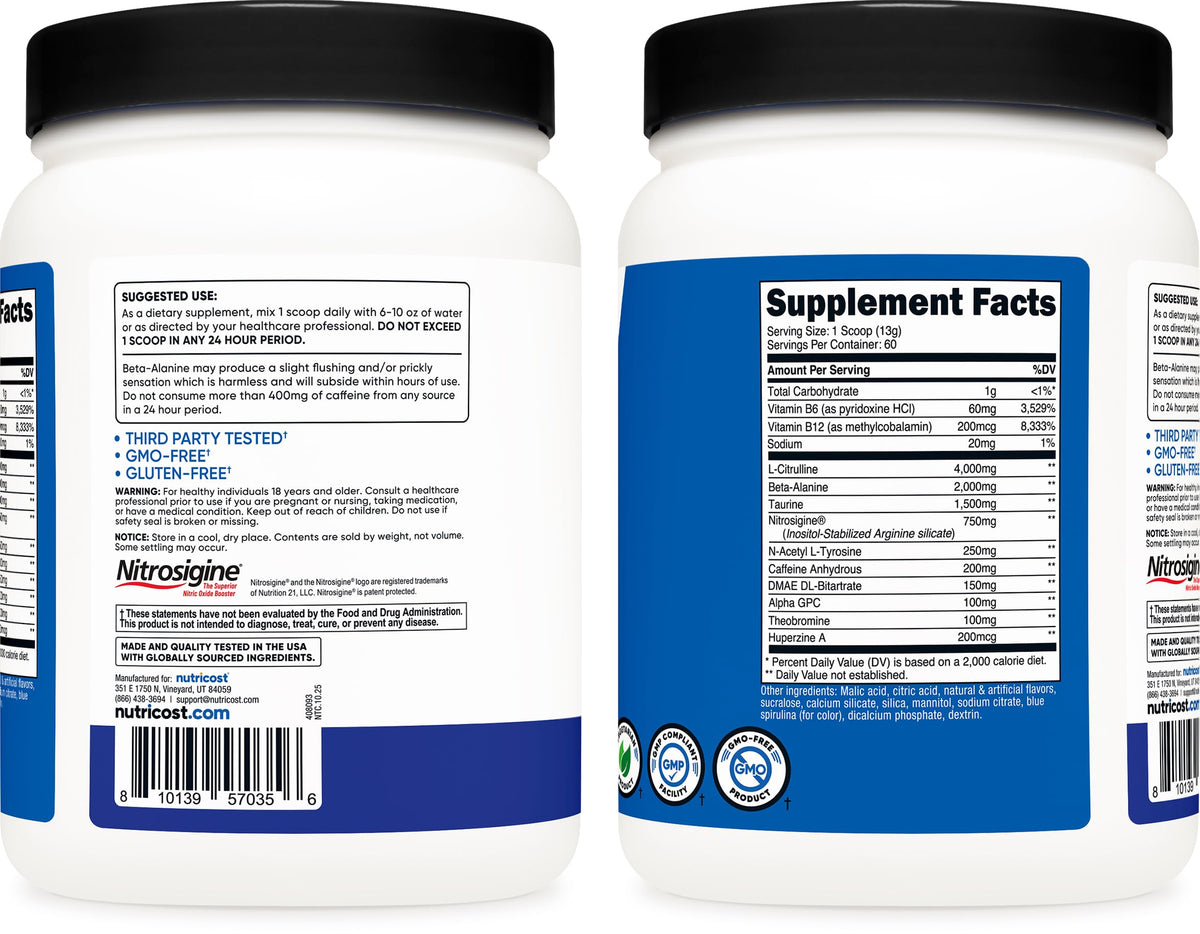 Nutricost Pre-Workout Complex Powder (Blue Raspberry) 60 Servings