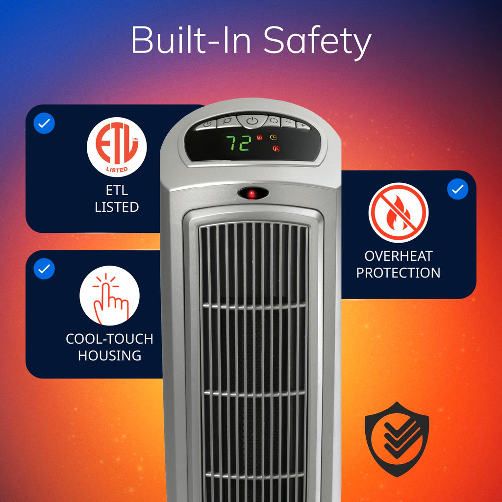 Lasko Oscillating Digital Ceramic Tower Heater for Home with Adjustable Thermostat, Timer and Remote Control, 23 Inches, 1500W, Silver, 755320