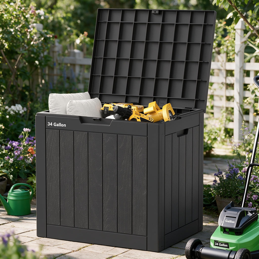34 Gal Outdoor Storage Box Waterproof Lockable,Deck Box,Black