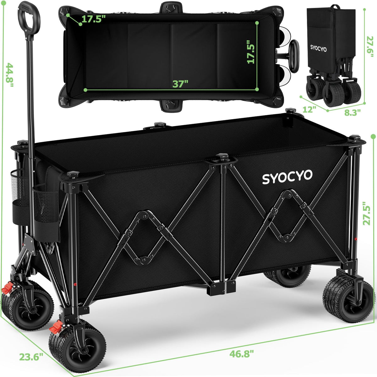 Beach Wagon Carts Foldable 580LBS Collapsible Wagon with Big All-Terrain Wheels for Sand 340L Heavy Duty Utility Carts with Cup Holders for Garden