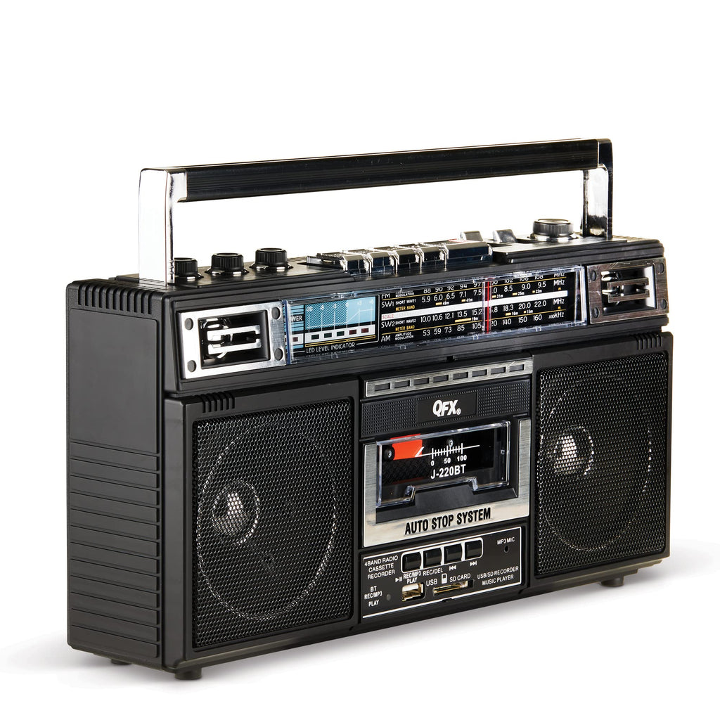 QFX Retro Bluetooth Boombox Cassette Tape Player Recorder, J-220BT, Black