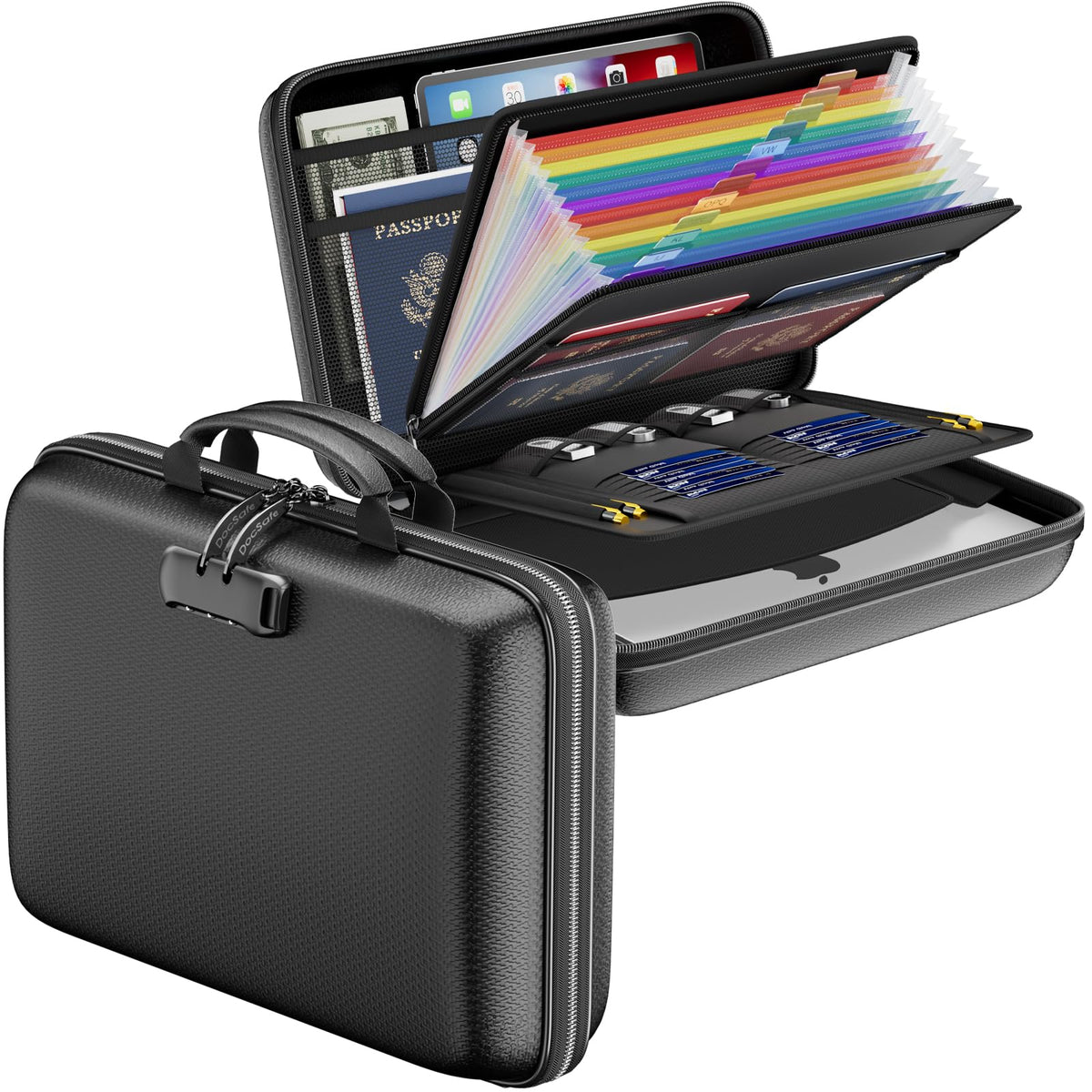 DocSafe Fireproof File Organizer with Lock, Hard-Shell Case Fireproof Document Box with 13 Pocket Accordion File Folder, Portable Home Office Travel