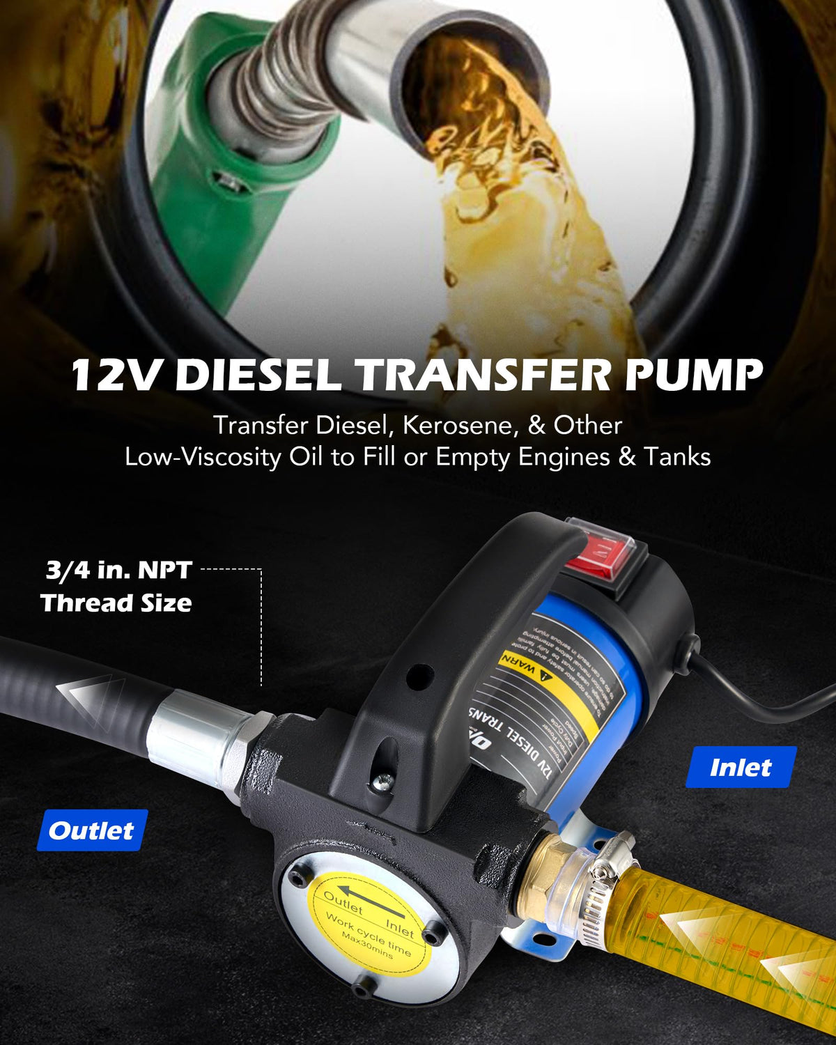OMT Diesel Transfer Pump, 12V Fuel Transfer Pump with Nozzle Hoses
