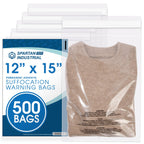 12" X 15" (500 Count) Self Seal Clear Poly Bags with Suffocation Warning