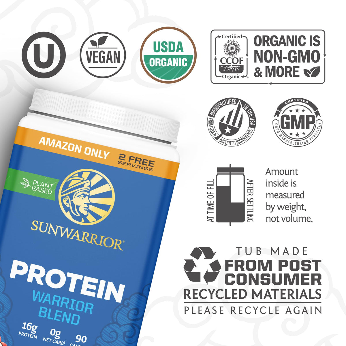 Sunwarrior Organic Plant Based Protein Powder, 32 Servings Chocolate