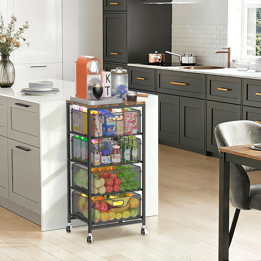 Kitchen Storage Cart with Drawers,Metal Snack Cart Organizer,Black