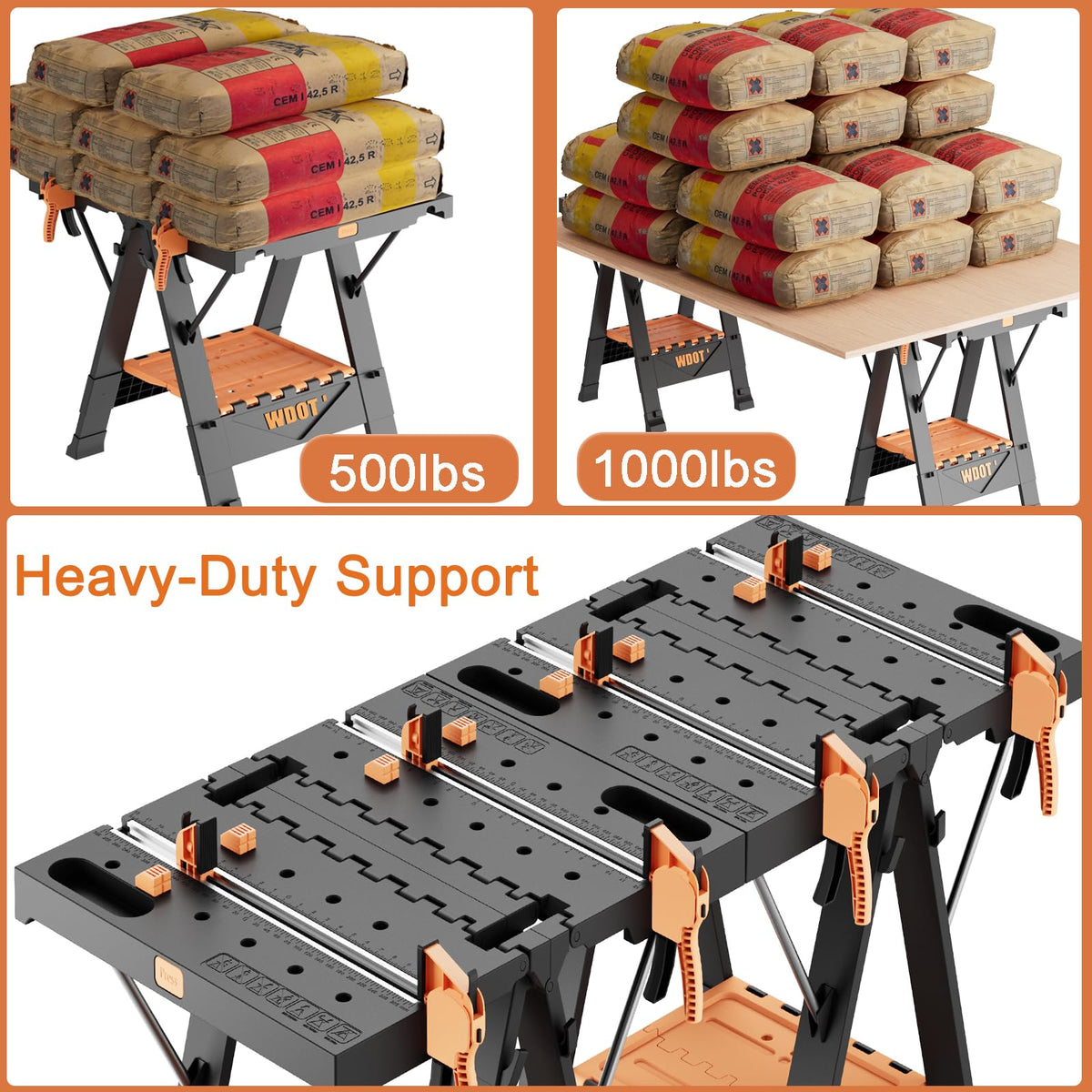 Portable Folding Work Bench Table 2-in-1 with 2 Clamps & 6 Bench Dogs