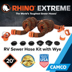 Camco RhinoEXTREME 20’ Camper/RV Sewer Hose - RV Accessories Include 360° Clear Swivel Wye Fitting & Removable 4-in-1 Adapter for Storage and