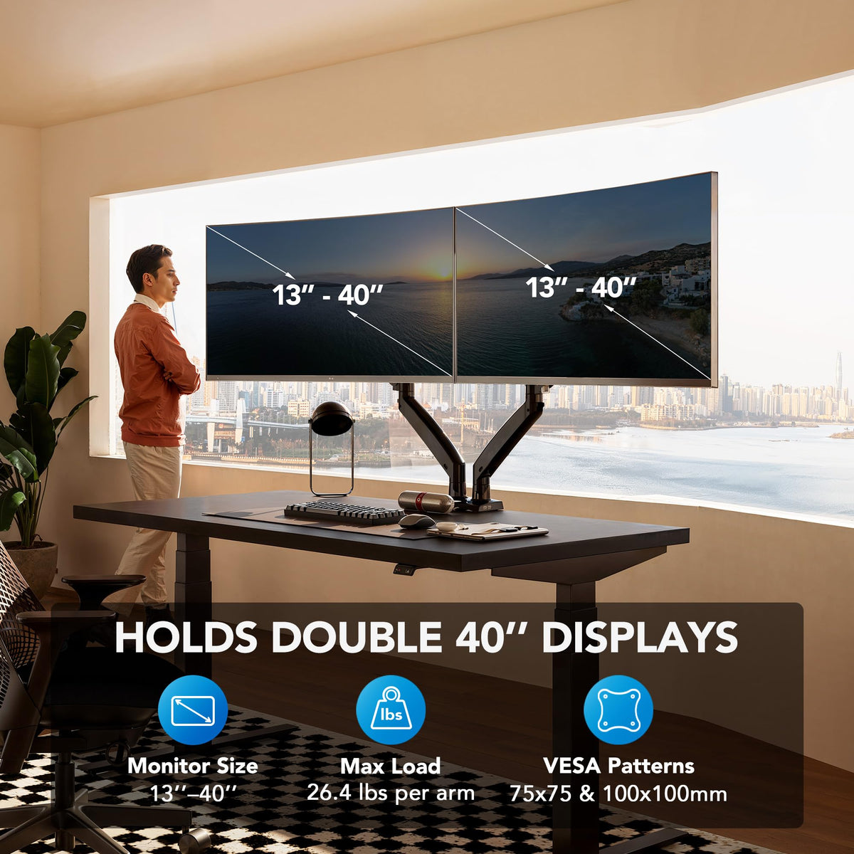 HUANUO Dual Monitor Stand for 13″–40″, Premium Dual Monitor Mount with USB, Height Adjustable Monitor Stand for 2 Monitors, VESA Mount with