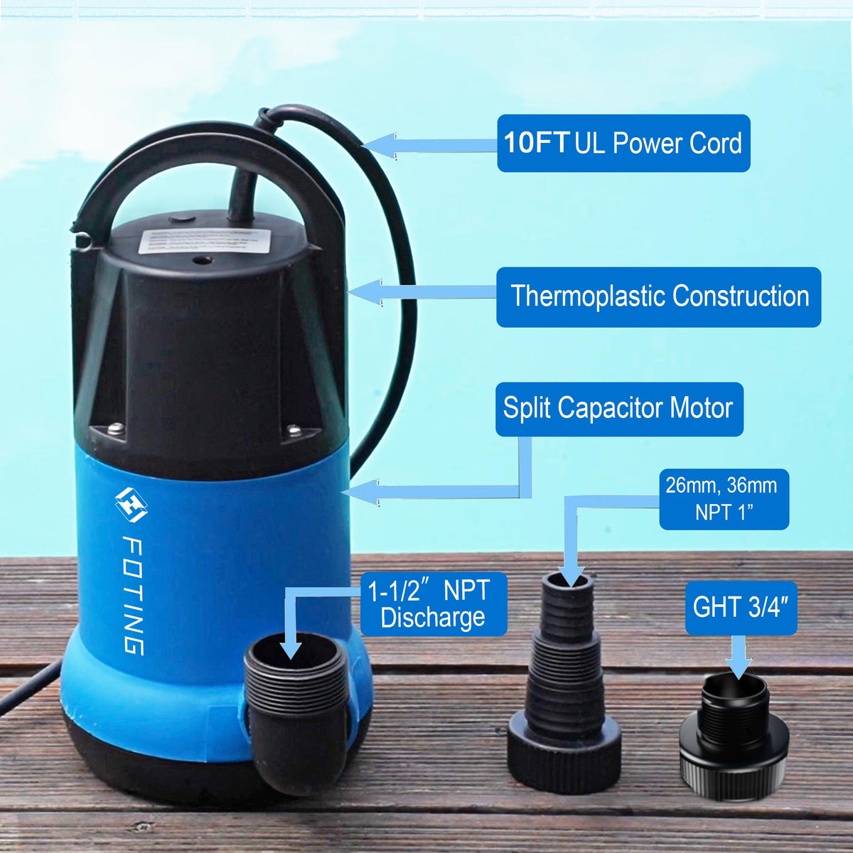 FOTING 1HP Sump Pump 4600GPH Clean/Dirty Submersible Water Pump