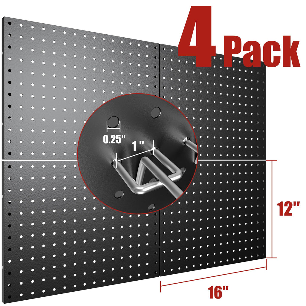 Peg Board, 4 Pack 16x12" Black Pegboard Organizer with 50 Hooks