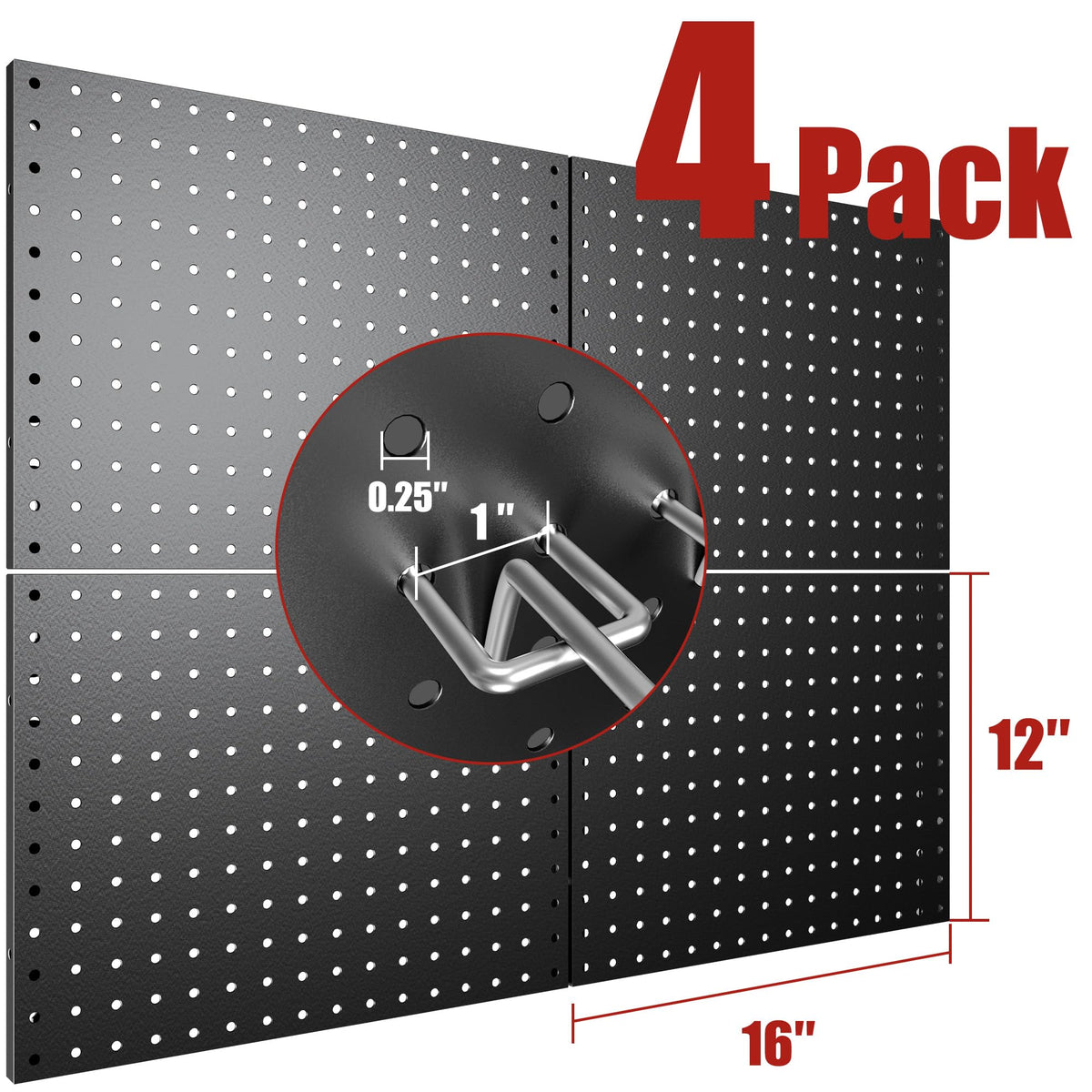 Peg Board, 4 Pack 16x12" Black Pegboard Organizer with 50 Hooks
