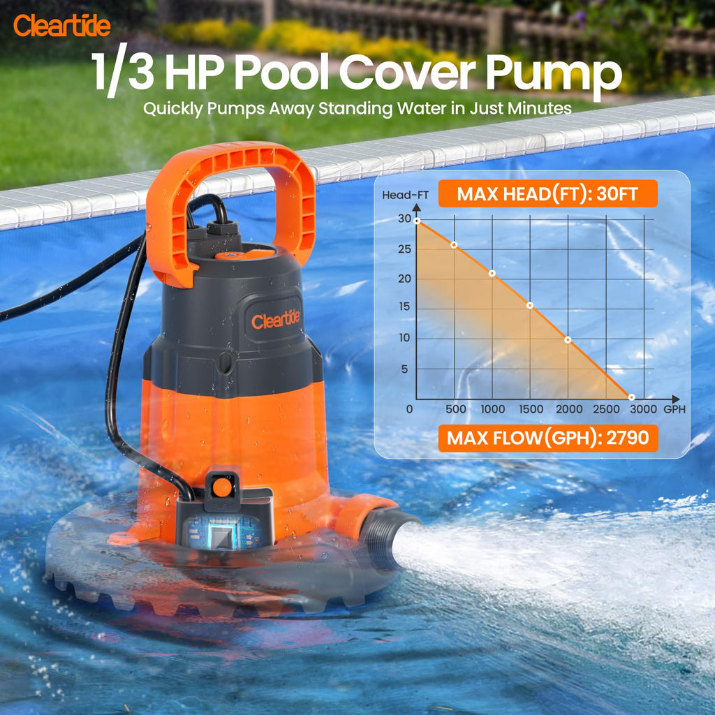 Smart Automatic Water Pool Cover Pump,Submersible Pump Removes Water from Inground/Above Ground Winter Swimming Pools, 1/3 HP 2790 GPH, Auto On/Off &