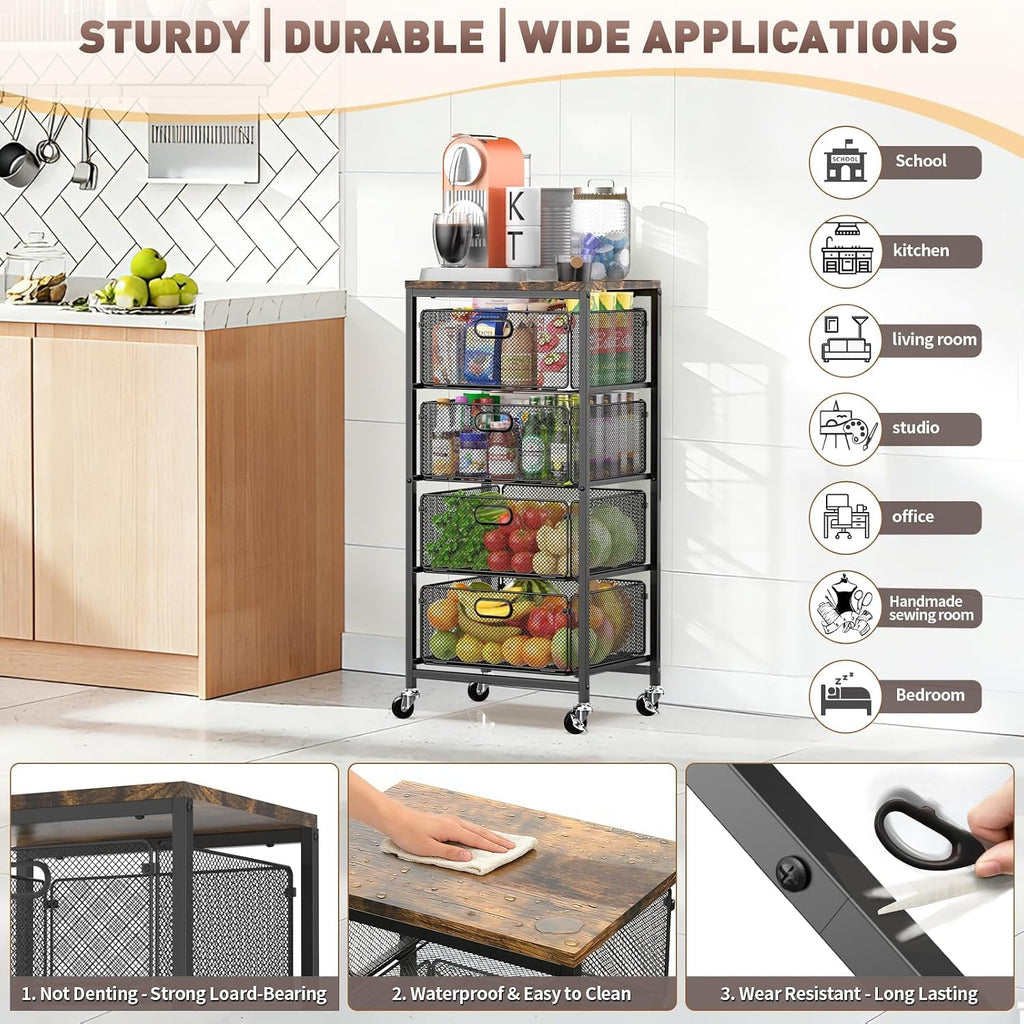 Kitchen Storage Cart with Drawers,Metal Snack Cart Organizer,Black