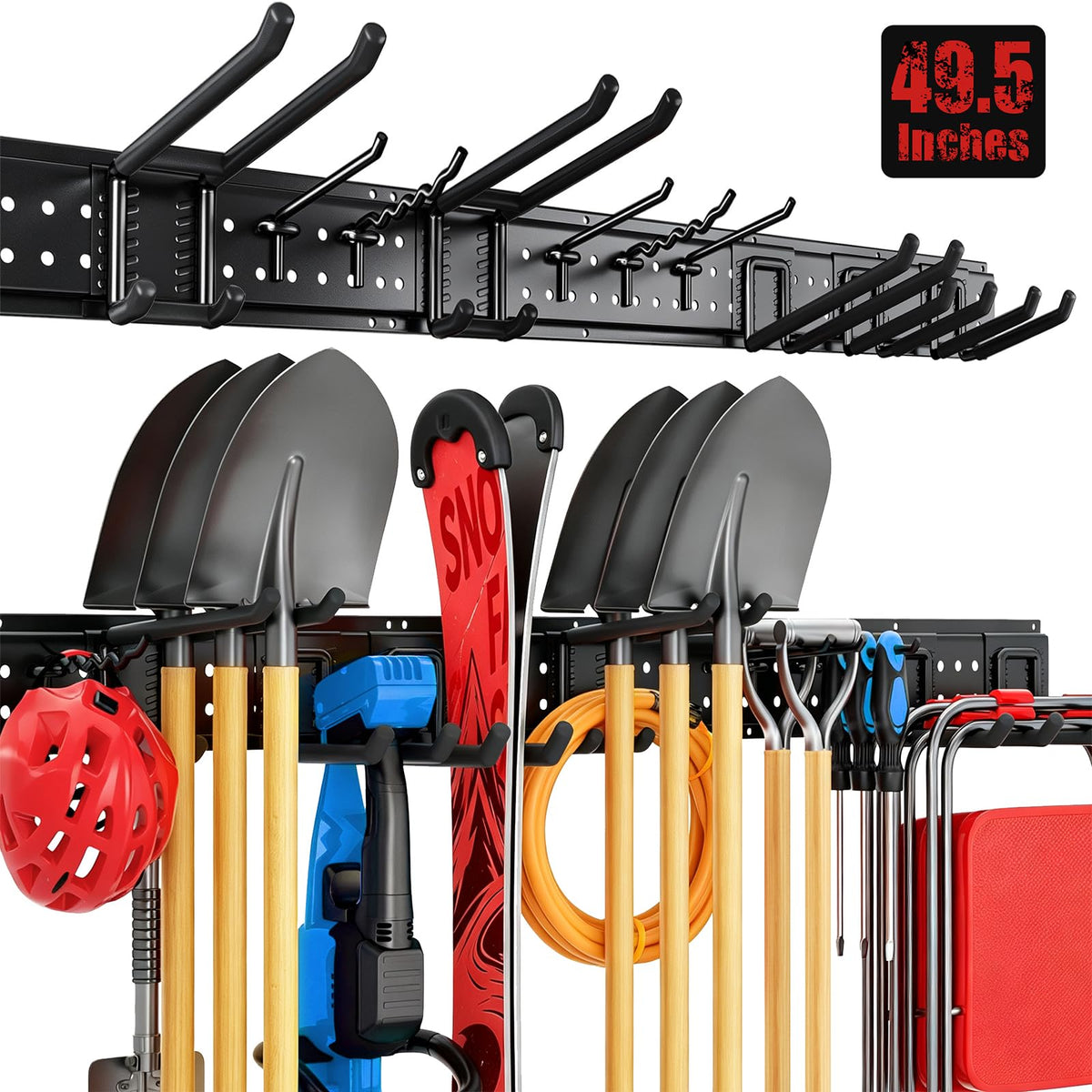 Garage Tool Organizer Wall Mount, 49.5", 3 Racks, 10 Hooks, 400 lb