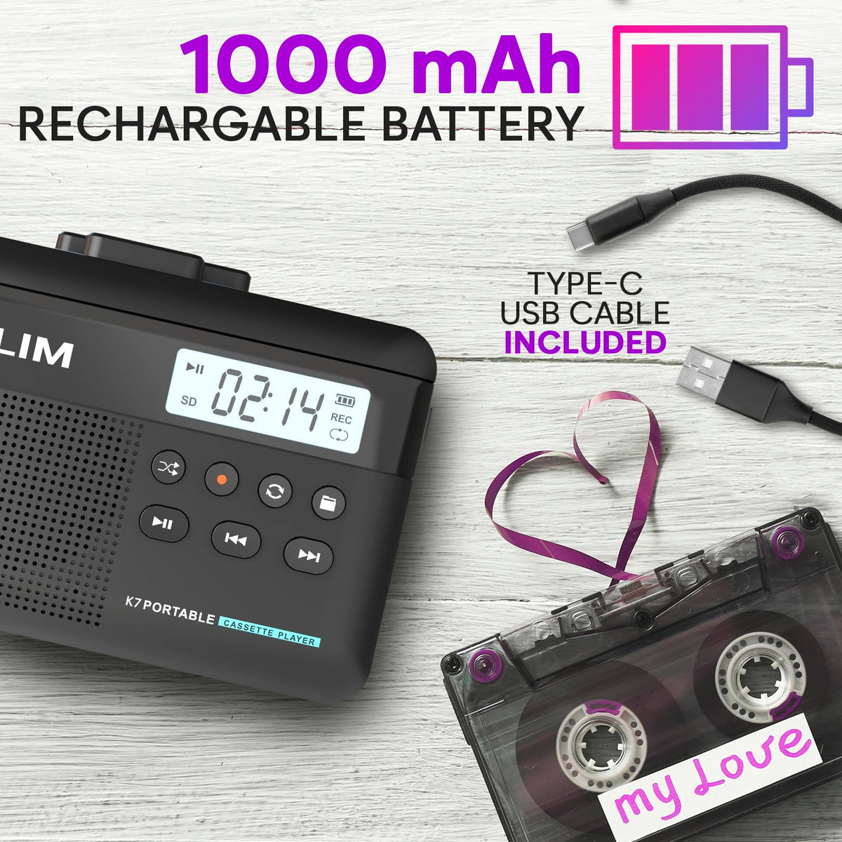 K7 Cassette Player, Converts Tapes to MP3, Built-in Microphone, 16GB Card