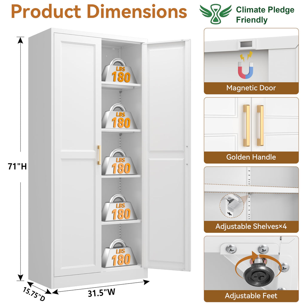 71" White Metal Kitchen Pantry Storage Cabinet with Doors and Shelves