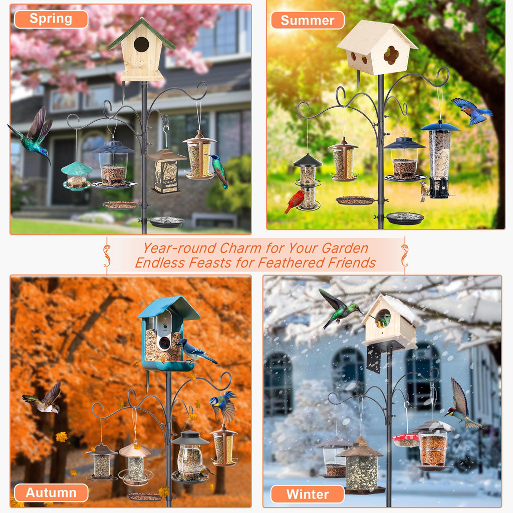 92 Inch Squirrel Proof Bird Feeder Pole with 9 Prongs Base, 1 Inch Dia Bird House Pole, Heavy Duty Bird Feeder Stand, Adjustable Shepherds Hooks for
