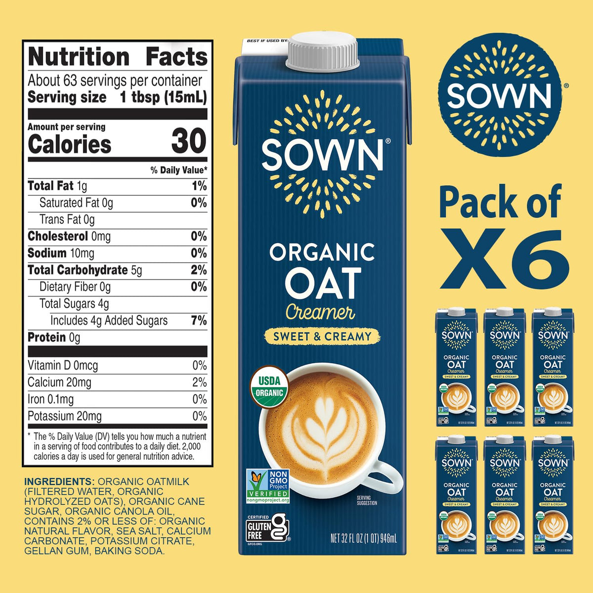 SOWN Organic Oat Creamer Sweet & Creamy - Barista Oat Milk Non Dairy Coffee Creamer - Plant Based, Dairy-Free, Vegan, Gluten-Free, Non-GMO, Shelf