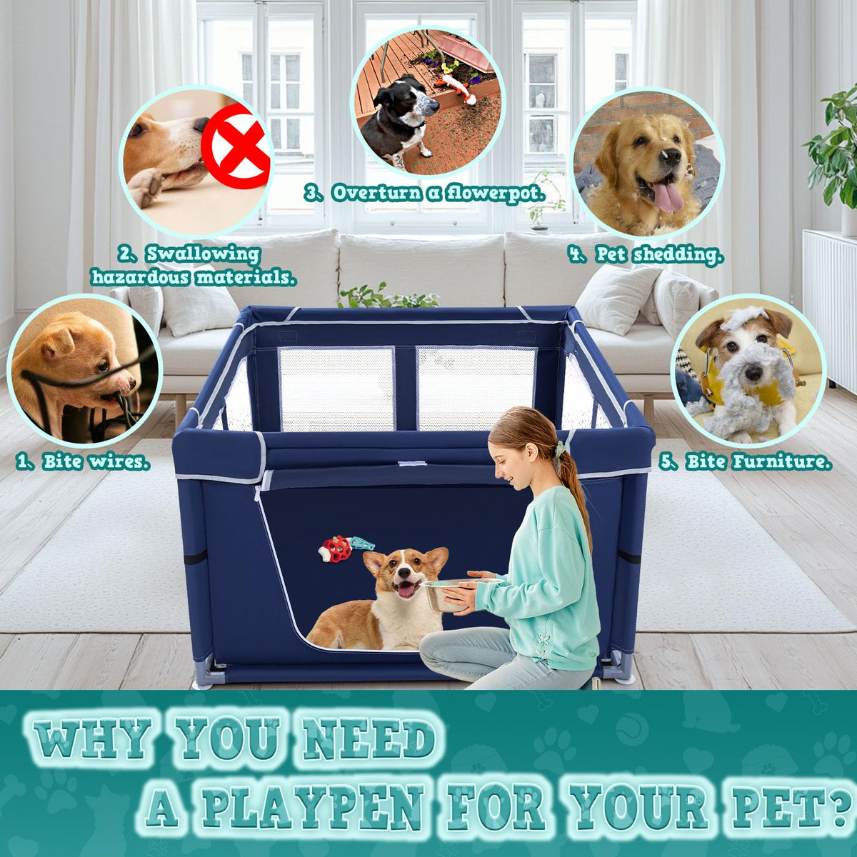 42x42 Inches Puppy Playpen with Gate, Dog Playpen for Puppies or Small Dogs, DogFence Pet Playpen for Indoor & Outdoor, Sturdy Safety DogPen with