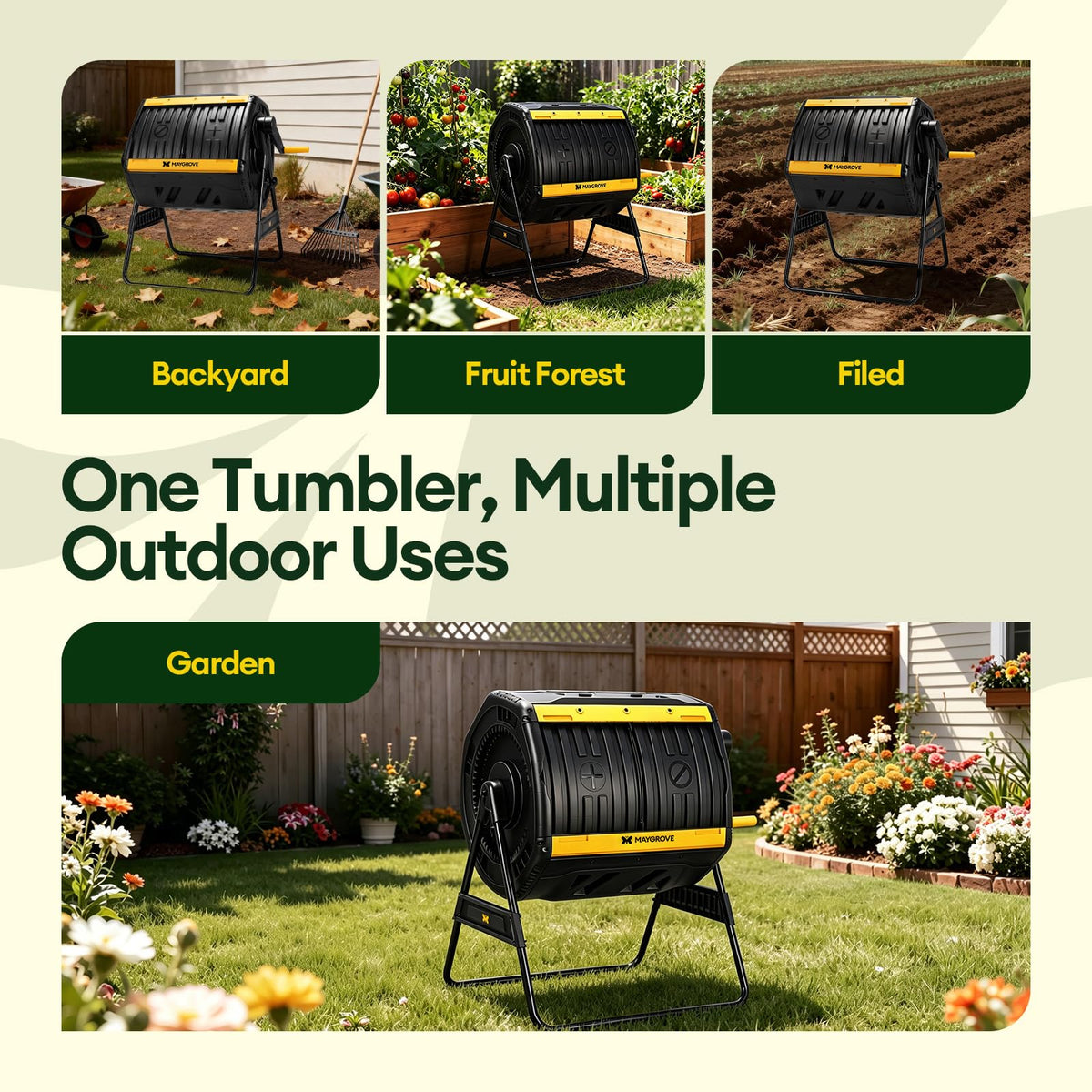 Outdoor Compost Bin 53 Gallon, Dual Chamber Large Compost Tumbler for Garden Backyard, with 360° Rotating, Sliding Doors & Solid Steel Frame, Updated
