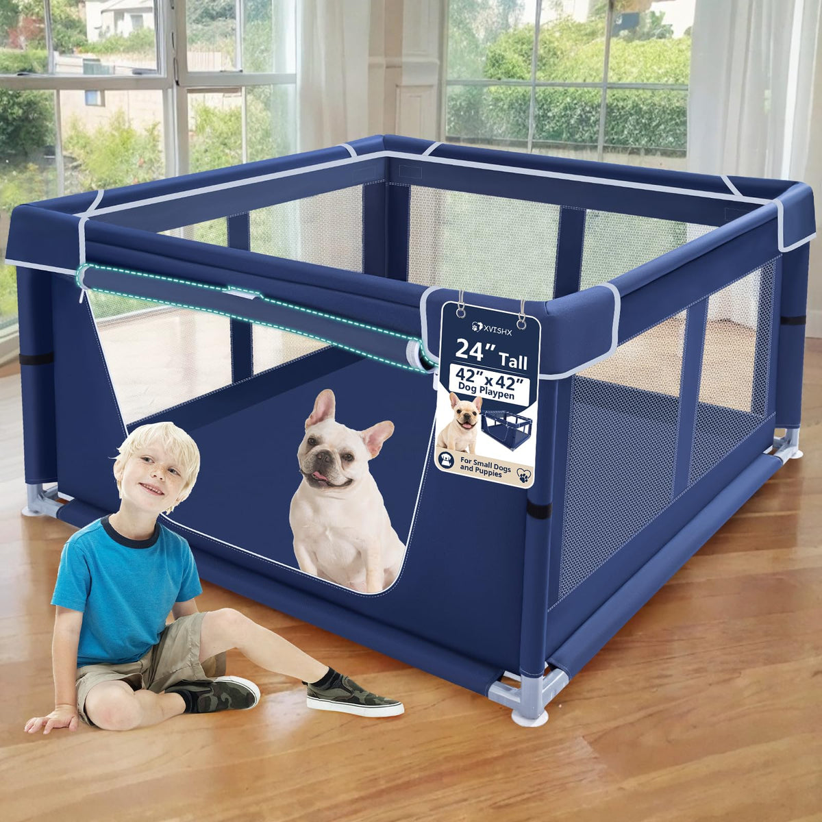 42x42 Inches Puppy Playpen with Gate, Dog Playpen for Puppies or Small Dogs, DogFence Pet Playpen for Indoor & Outdoor, Sturdy Safety DogPen with