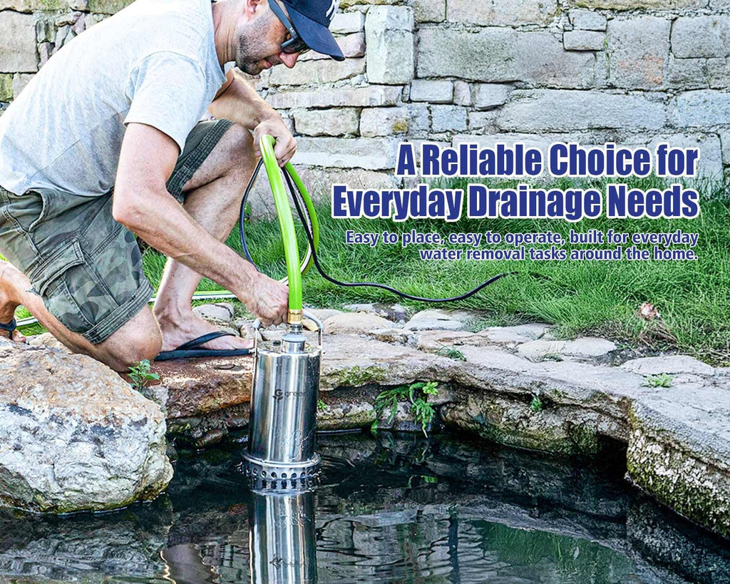 Green Expert 1HP Submersible Sump Pump, 4000GPH Full 304 Stainless Steel Manual Utility Pump with Adapter Kit, Oil-Free Top Discharge Water Removal
