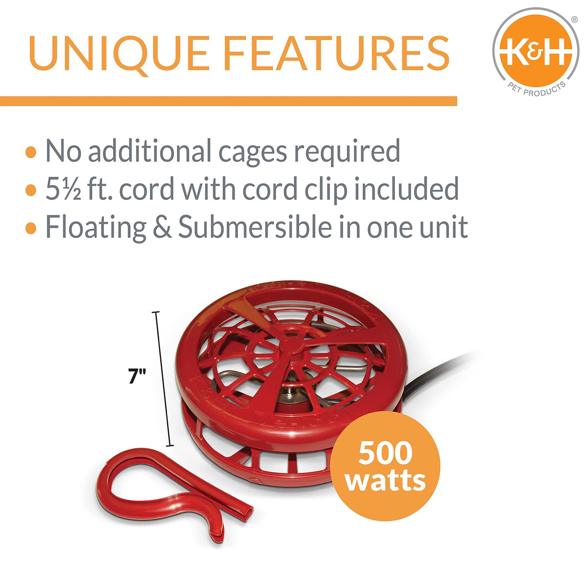 K&H Stock Tank Deicer, Pond Heater, 500W, Safety Listed, Red