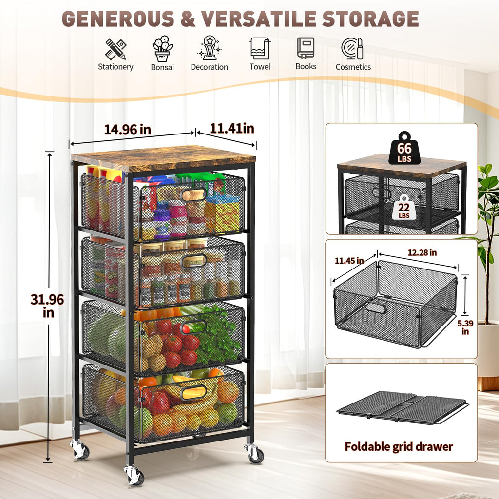 Kitchen Storage Cart with Drawers,Metal Snack Cart Organizer,Black