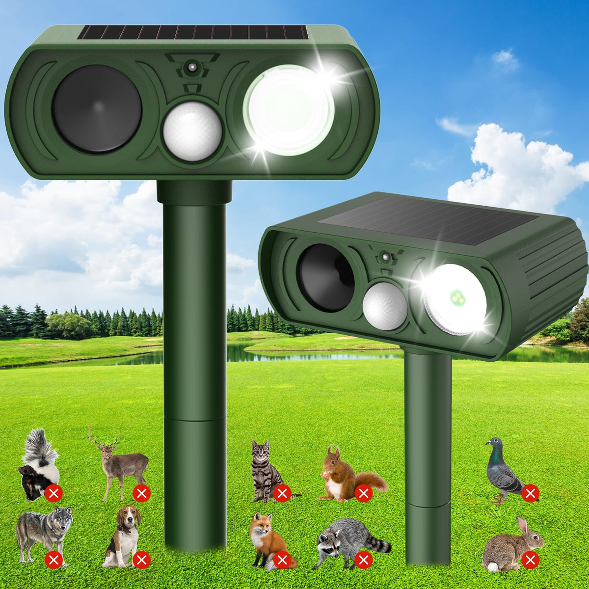 Solar Ultrasonic Animal Repellent, Deer Repellent Devices Waterproof, Cat Repellent Outdoor with Motion Detection Squirrel Skunk Rabbit Dog Raccoon
