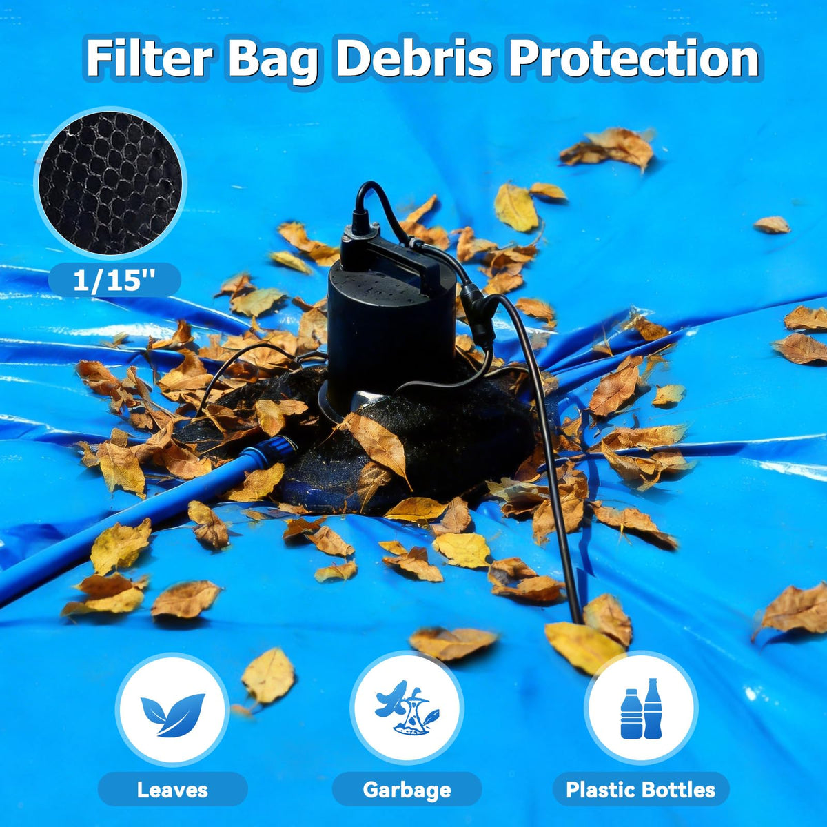 1/2HP Swimming Pool Cover Pump Automatic On/Off 3500GPH Submersible Water Pump with Filter Net 3/4” Check Valve Adapter & 25ft Power Cord 110V Sump