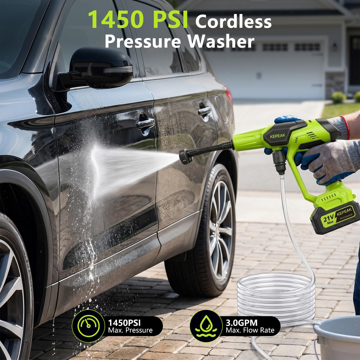 Cordless Pressure Washer, 1450 PSI Portable Handheld Power Washer with 6-in-1 Nozzle, 2 x 4.0Ah Batteries & Charger, for